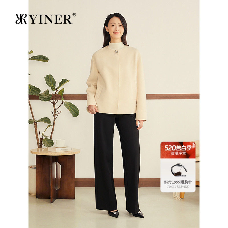 YINER音儿女装冬季法式百搭羊毛羊绒混纺蝙蝠袖双面呢短外套
