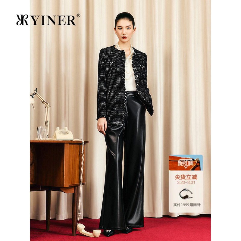 YINER音儿女装秋季1996系列小香风亮丝花纱单排扣短外套