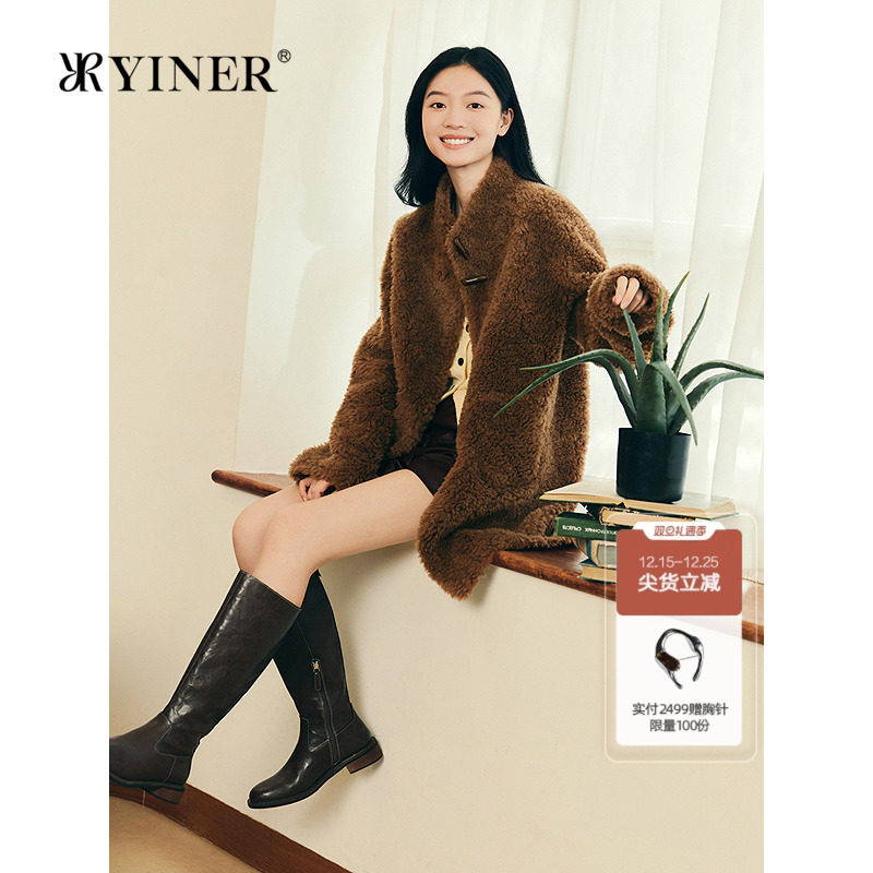 YINER音儿专选2025冬季新款法式绒感澳洲羊毛美羊卷肌理立领外套