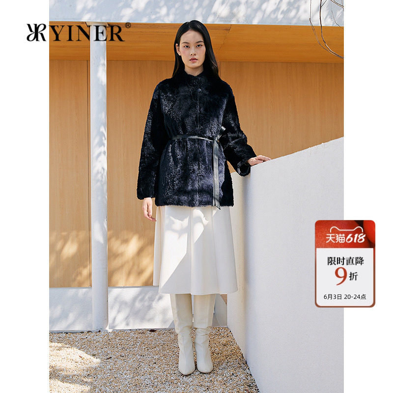 YINER音儿专选女装冬季优雅时尚一手长立领羊皮毛一体皮草外套