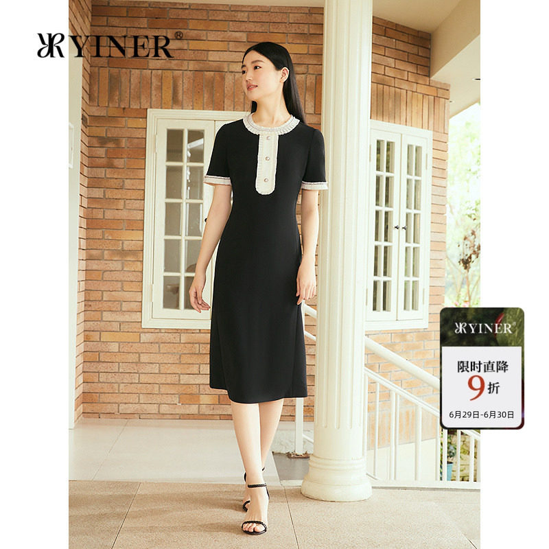 YINER音儿专选女装秋季时尚钉珠圆领撞色雪纺高腰显瘦A摆连衣裙