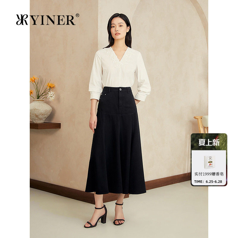 YINER音儿女装女装夏季法式艺术刺绣V领七分袖衬衫上衣