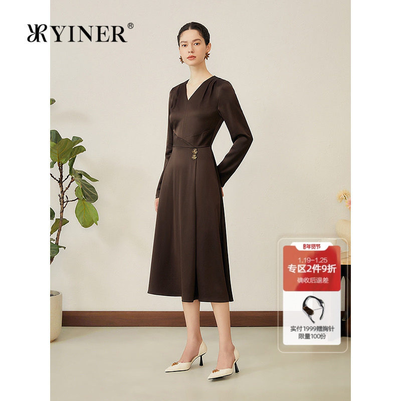 YINER音儿2025秋季新款法式复古醋酸混纺双面缎垂坠散摆X型连衣裙,女装/女士精品,连衣裙,淘宝优惠券,粉丝福利购,淘宝优惠卷