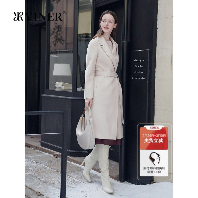 YINER音儿专选女装秋季气质中长款骆驼绒羊毛羊绒混纺双面呢大衣
