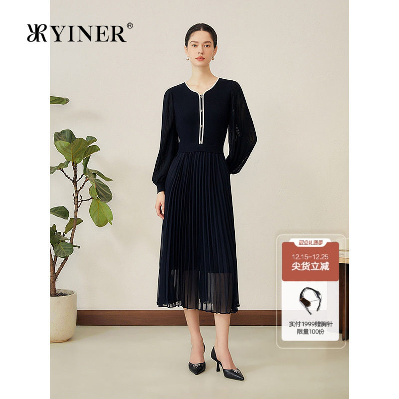 YINER音儿2025秋季新款法式优雅针织拼接雪纺百褶假两件连衣