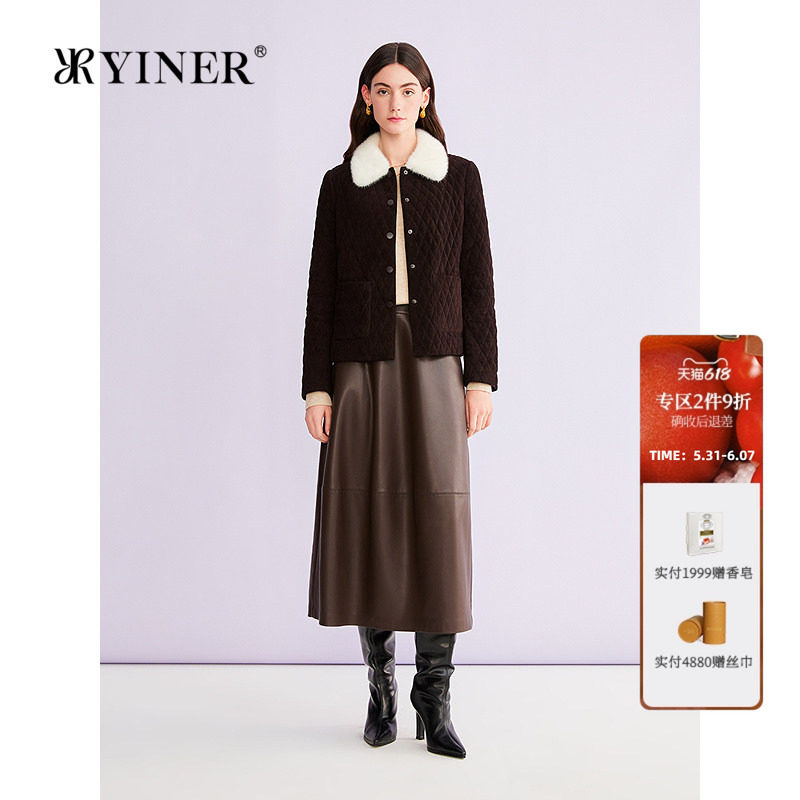 YINER音儿专选2026春季新款水貂毛皮翻领绵羊毛骆驼绒混纺皮棉服
