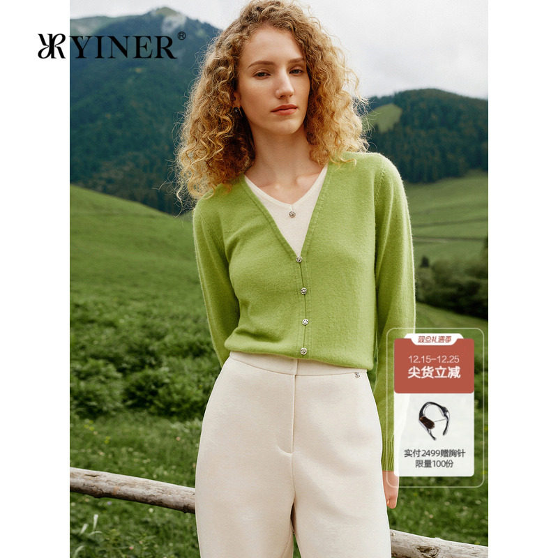 【100%山羊绒】YINER音儿冬季时尚撞色V领假两件针织衫