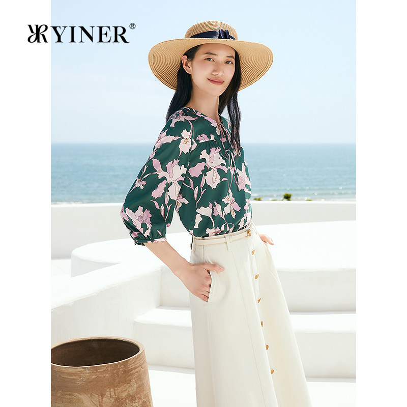 YINER音儿女装秋季法式艺术印花半开领桑蚕丝衬衫上衣