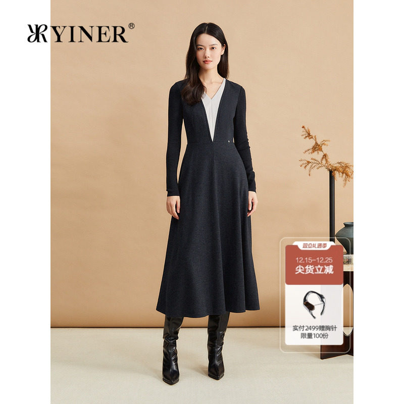 【美丽诺羊毛】YINER音儿冬季法式V领假两件优雅连衣裙