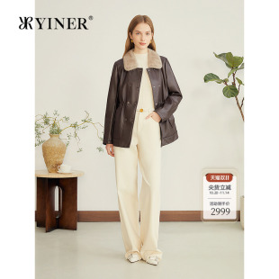 YINER音儿专选2025秋季 复古巴恩风撞色水貂毛领绵羊真皮皮衣 新款