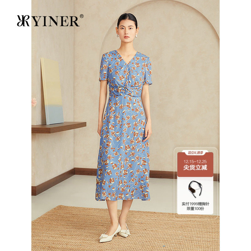 【真丝系列】YINER音儿专选2025夏季新款弹力桑蚕丝印花V领