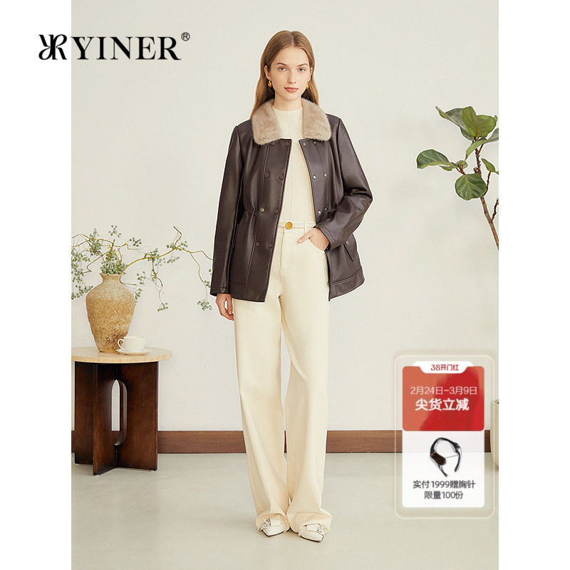 YINER音儿专选2025秋季新款复古巴恩风撞色水貂毛领绵羊真皮
