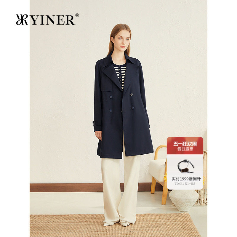 YINER音儿专选女装醋酸混纺一手长翻领双排扣中长款风衣外套