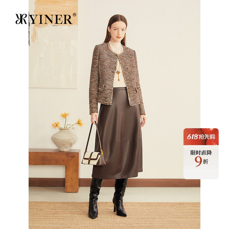 YINER音儿专选女装冬季法式优雅小香风粗花呢金葱闪丝短外套
