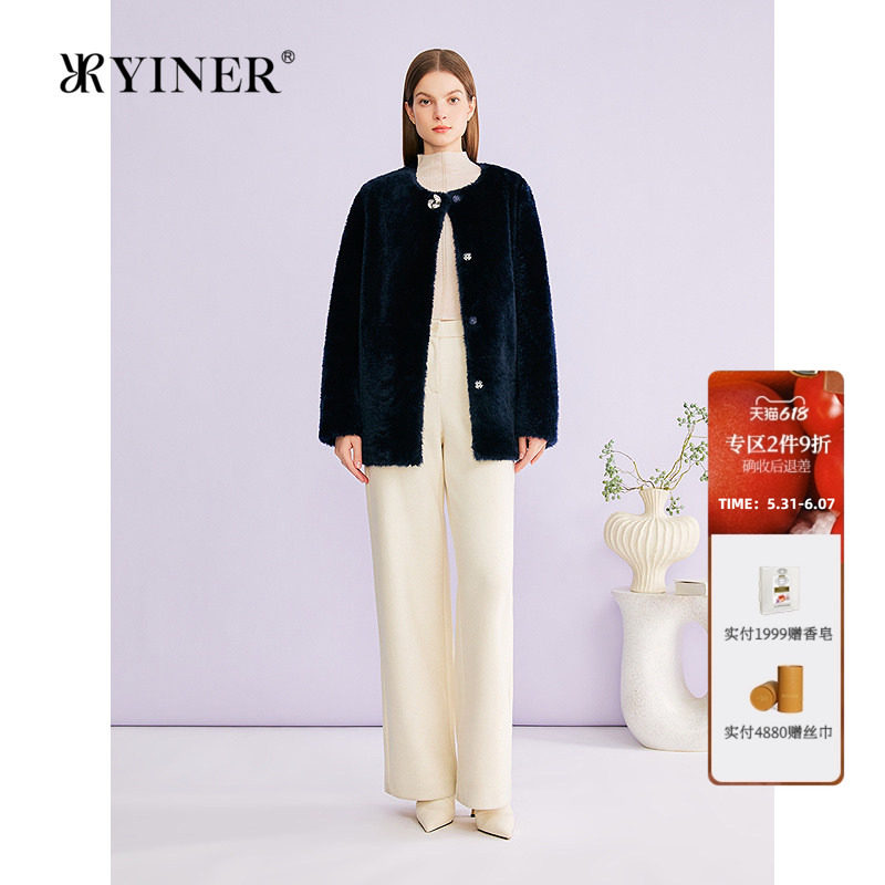 YINER音儿专选2026春季新款一手长圆领羊皮毛一体皮草外套