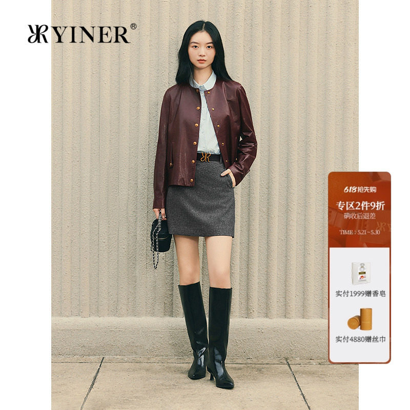 YINER音儿专选女装通勤时尚法式复古油蜡皮工艺绵羊真皮皮衣外套