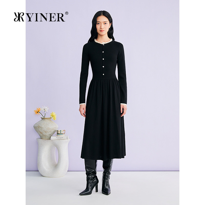 YINER音儿专选2026春季新款法式减龄木耳花边圆领修身针织连