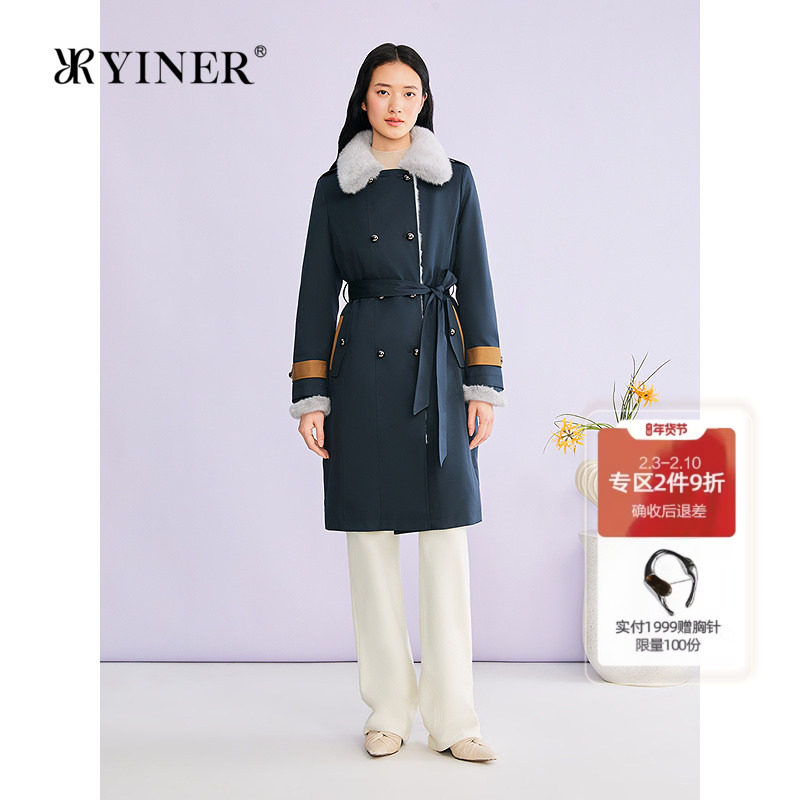 YINER音儿专选2025冬季新款中长款可拆卸水貂毛领派克服厚实