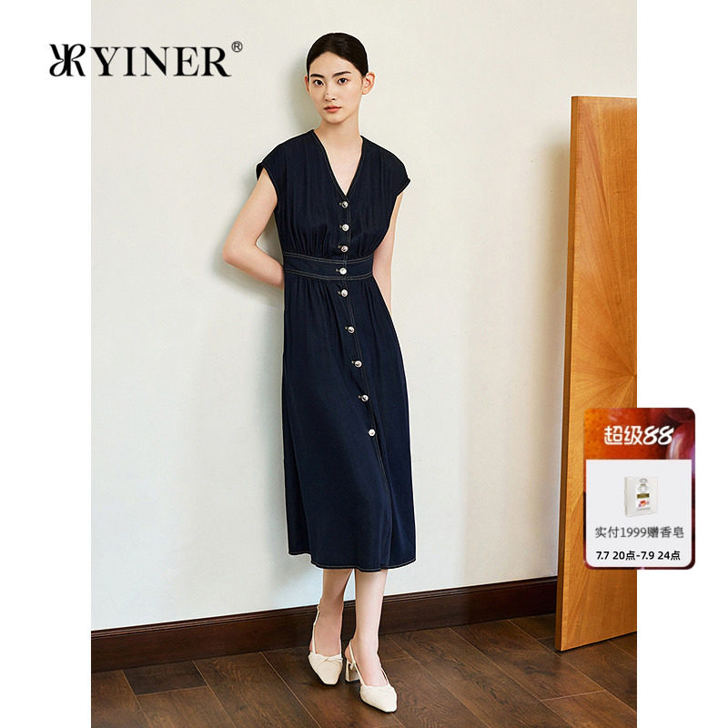 YINER音儿女装夏季莱赛尔天丝醋酸混纺无袖丹宁牛仔连衣裙