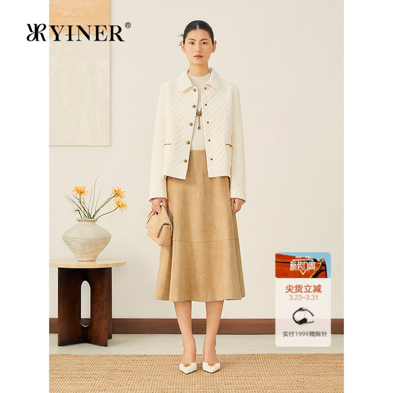 YINER音儿女装秋季法式小香风轻薄保暖翻领菱格纹短外套