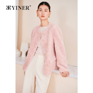 YINER音儿专选女装 小香风珊瑚粉保暖环保羊毛皮草外套 春季