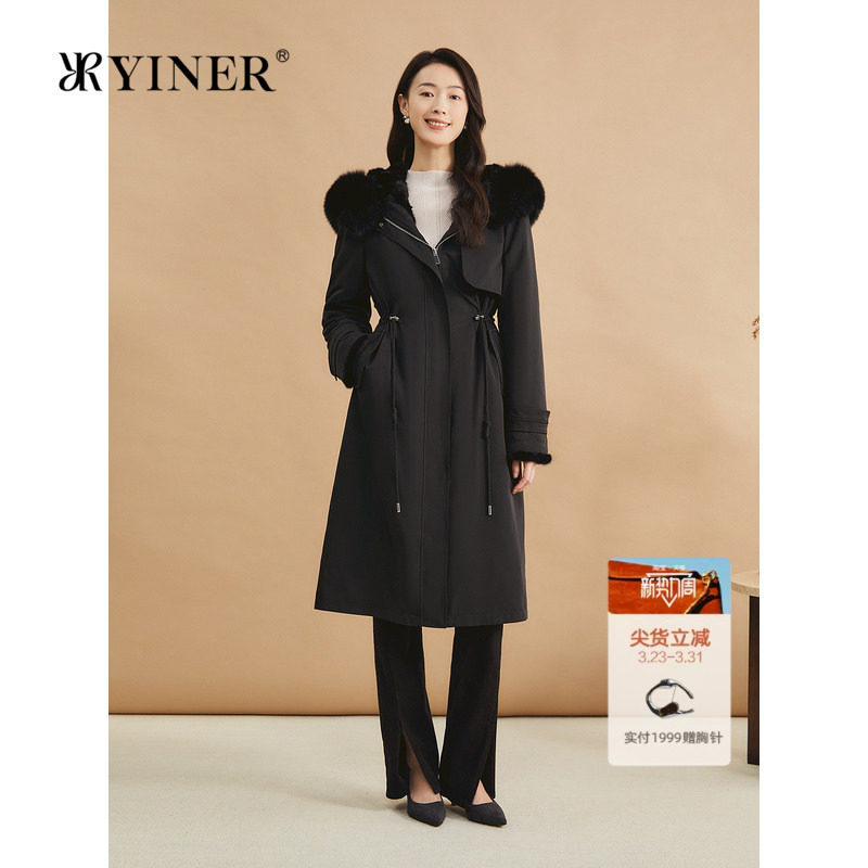 YINER音儿专选女装冬季优雅中长款狐狸毛领连帽水貂毛派克服皮草