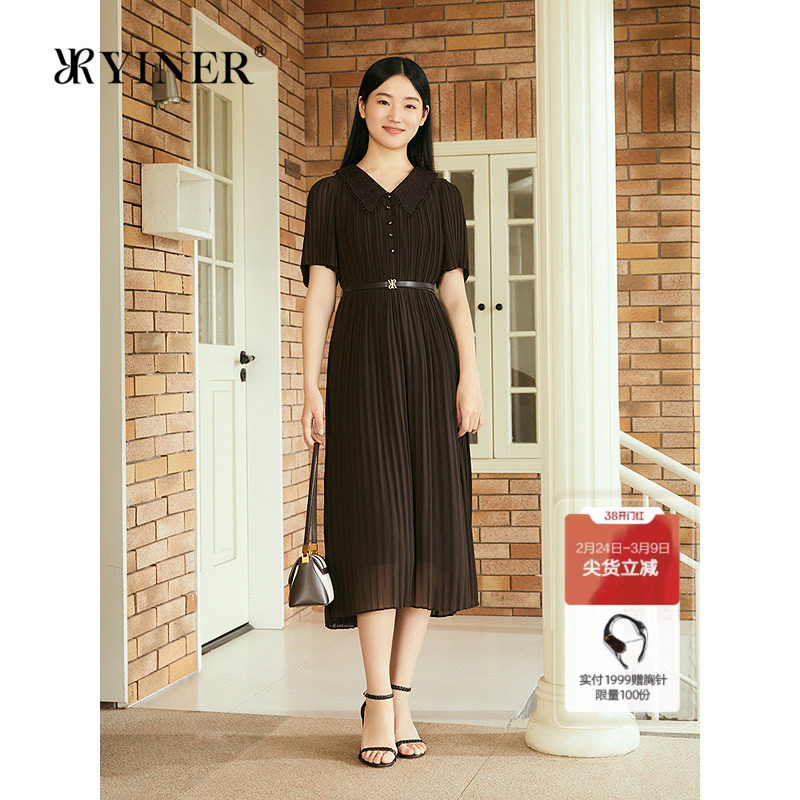 YINER音儿专选2025夏季新款法式刺绣蕾丝V领压褶H型轻薄连衣裙 - yiner官方旗舰店出品