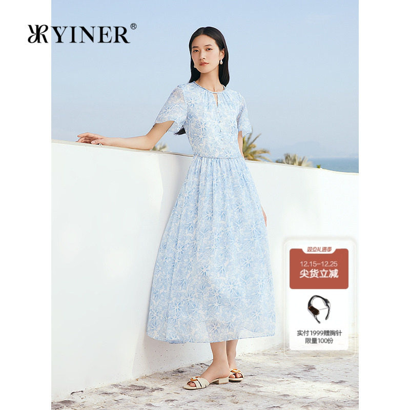 YINER音儿专选2025夏季新款镂空小V领虞美人方格雪纺纱印花