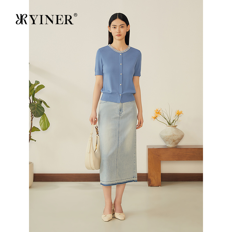YINER音儿专选2025夏季新款法式短袖钉珠领薄款针织衫多色轻上衣