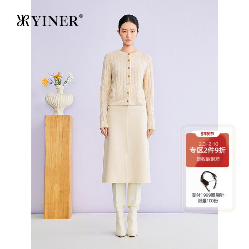 YINER音儿2026春季新款时尚绞花肌理阿拉善山羊绒混纺针织开