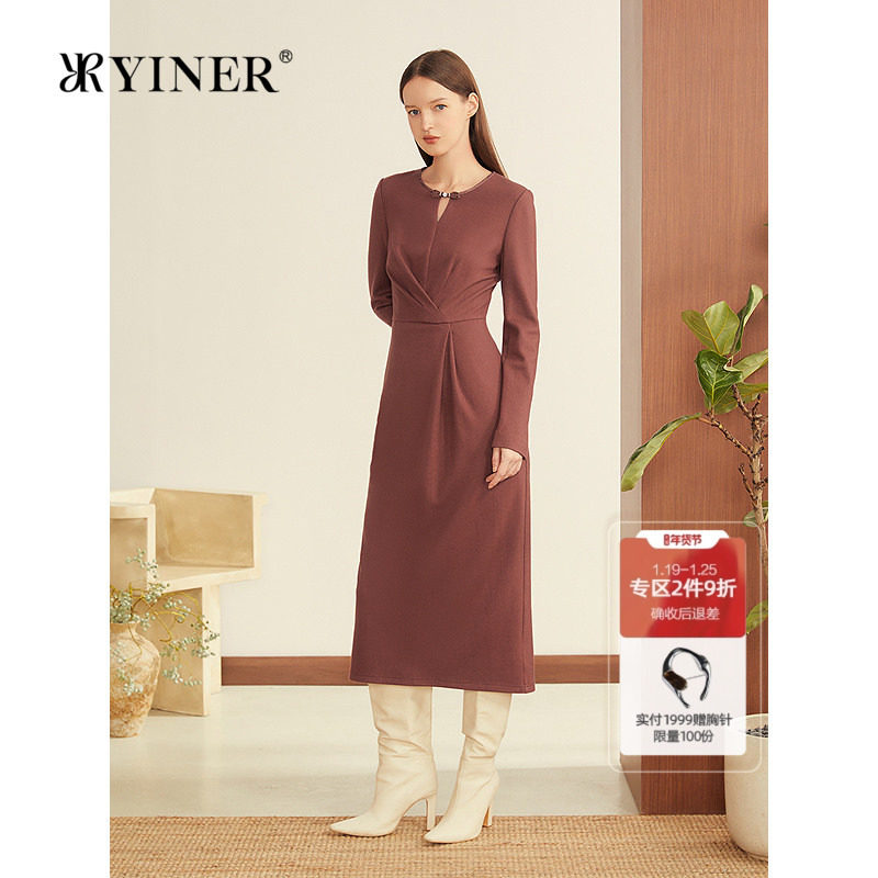 YINER音儿2025冬季新款桃粉色羊毛混纺镂空圆领中式盘扣连衣裙,女装/女士精品,连衣裙,淘宝优惠券,粉丝福利购,淘宝优惠卷