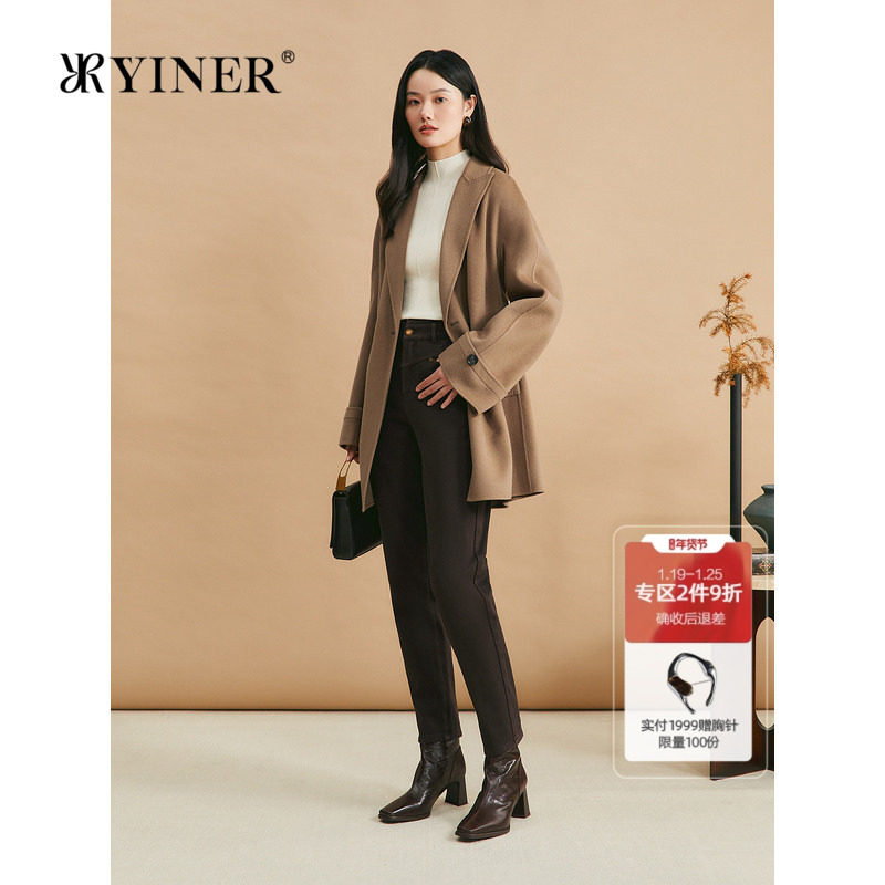 YINER音儿女装冬季戗驳领美丽诺羊毛羊绒混纺双面呢大衣外套,女装/女士精品,毛呢外套,淘宝优惠券,粉丝福利购,淘宝优惠卷