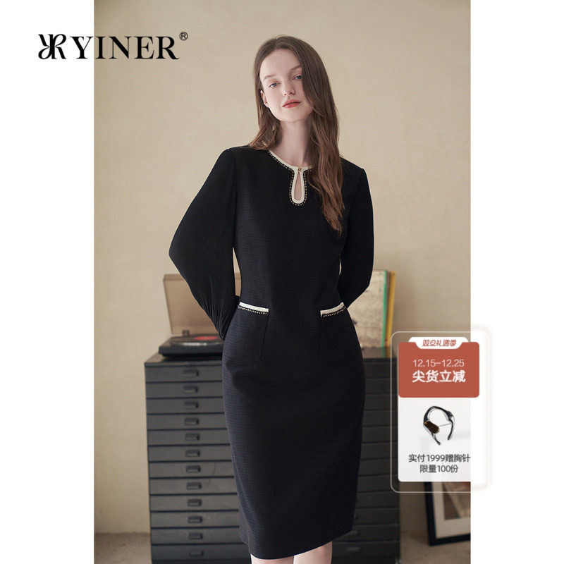 YINER音儿专选冬季水滴领小黑裙法式粗花呢连衣裙
