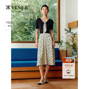 收腰亮丝复古撞色波点假两件连衣裙 法式 YINER音儿2025夏季 新款