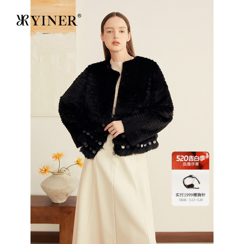 YINER音儿专选女装秋季优雅水貂毛拼接狐狸毛流苏短皮草外套