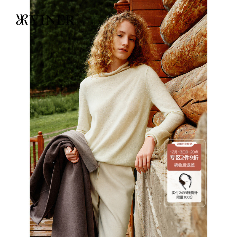 YINER音儿女装冬季法式纯色高支羊绒亮丝半高领针织衫套头