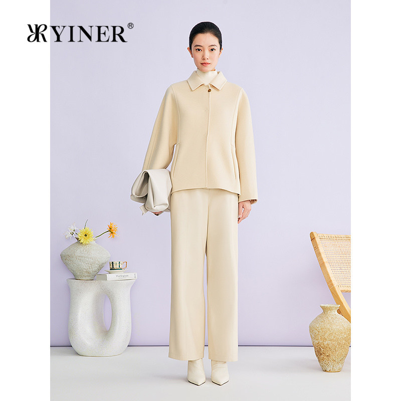 YINER音儿2026春季新款优雅短款翻领羊毛羊绒混纺双面呢外套