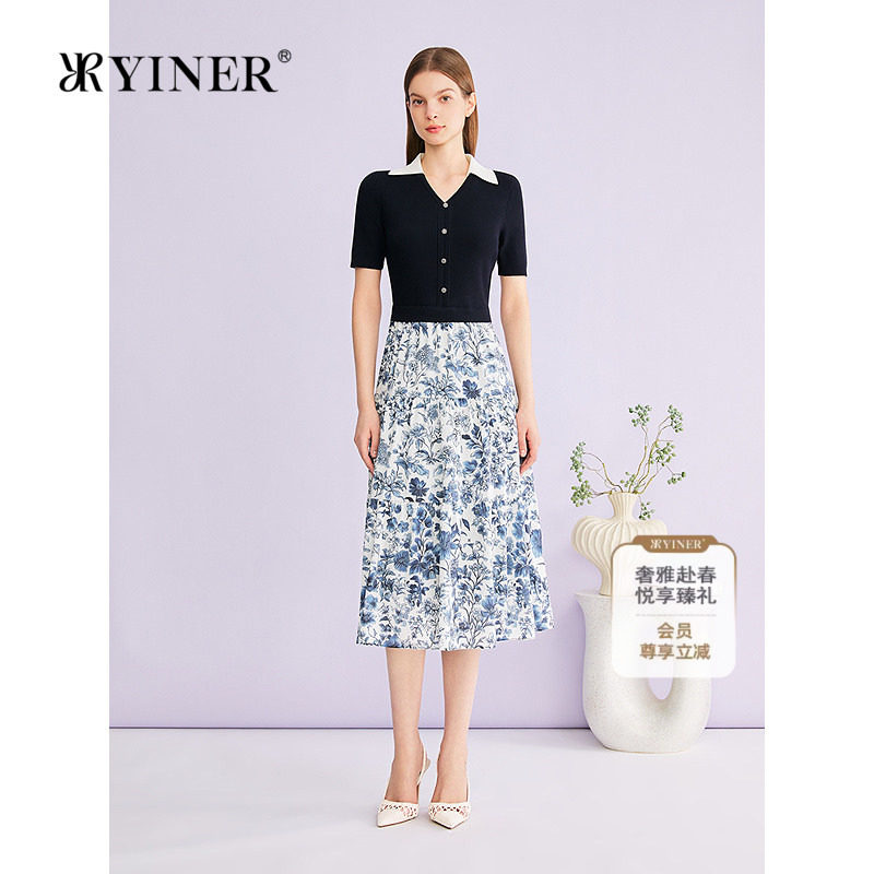 YINER音儿专选2026夏季新款优雅撞色翻领收腰假两件印花连衣裙