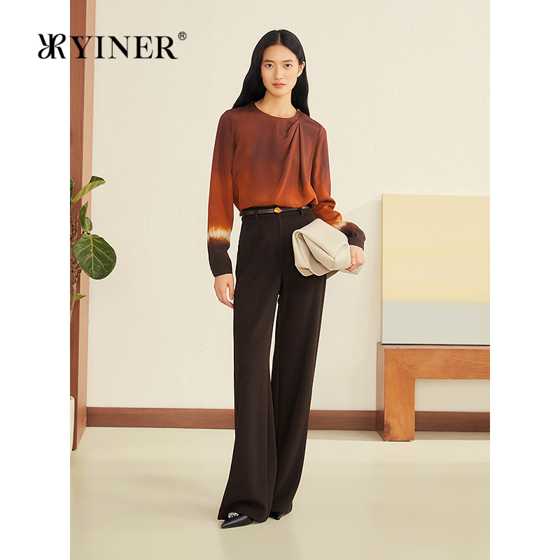 YINER音儿2025冬季新款法式桑蚕丝混纺弹力重绉渐变褶艺领口衬衫