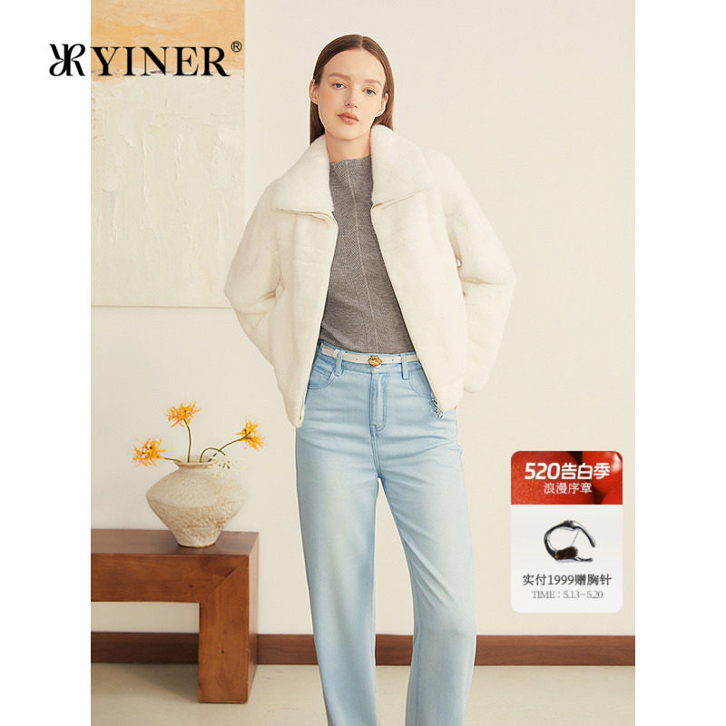 YINER音儿专选女装秋季法式母貂整貂拉链翻领短款皮草外套