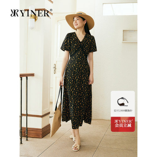 YINER音儿专选女装夏季法式V领千代兰印花灯笼袖A摆连衣裙