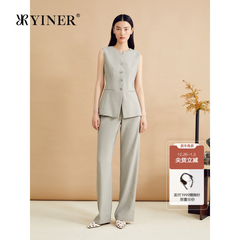 YINER音儿女装秋季亚麻法式背心都市风廓形小V领马甲