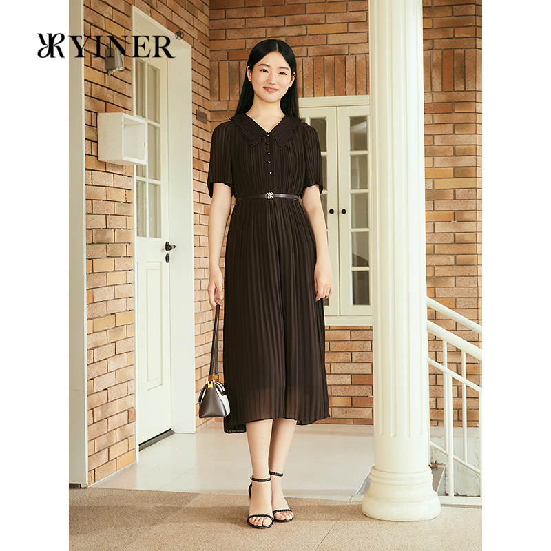 YINER音儿专选2025夏季新款法式刺绣蕾丝V领压褶H型轻薄连衣裙
