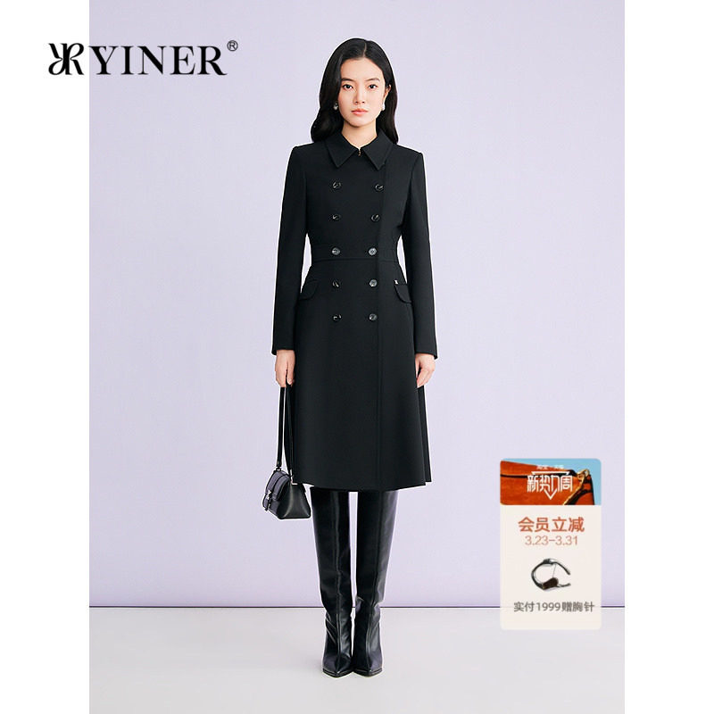YINER音儿专选2026春季新款时尚赫本风廓形翻领双排扣收腰连
