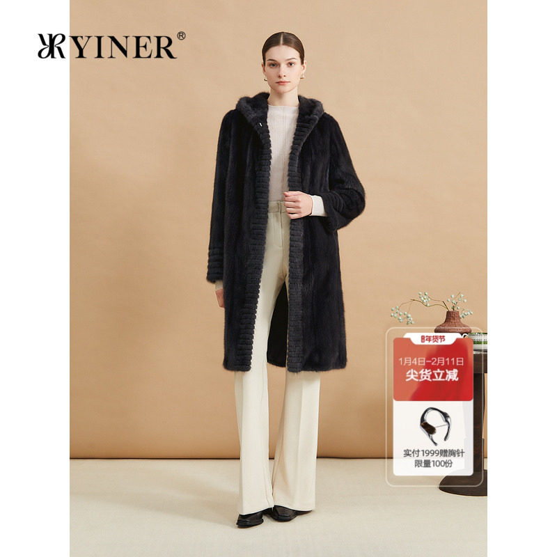 YINER音儿专选冬季剪花连帽外套顺滑水貂毛皮真皮皮草