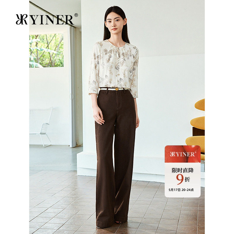 YINER音儿女装夏季优雅时尚印花系带半开领桑蚕丝衬衫上衣