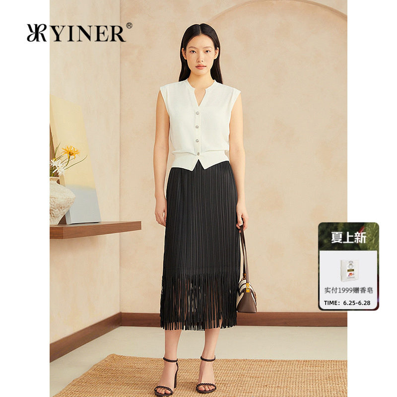 YINER音儿女装夏季法式优雅艺术感小黑裙显瘦流苏褶艺半身裙