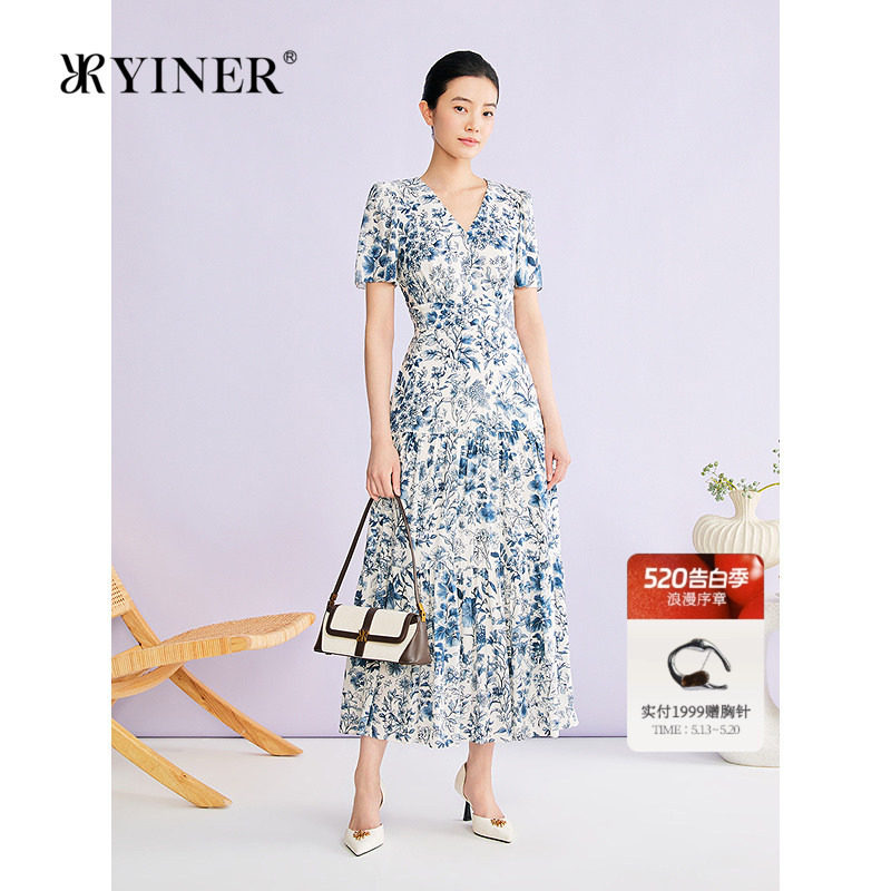 YINER音儿专选2026夏季新款时尚优雅显瘦V领印花桑蚕丝混纺
