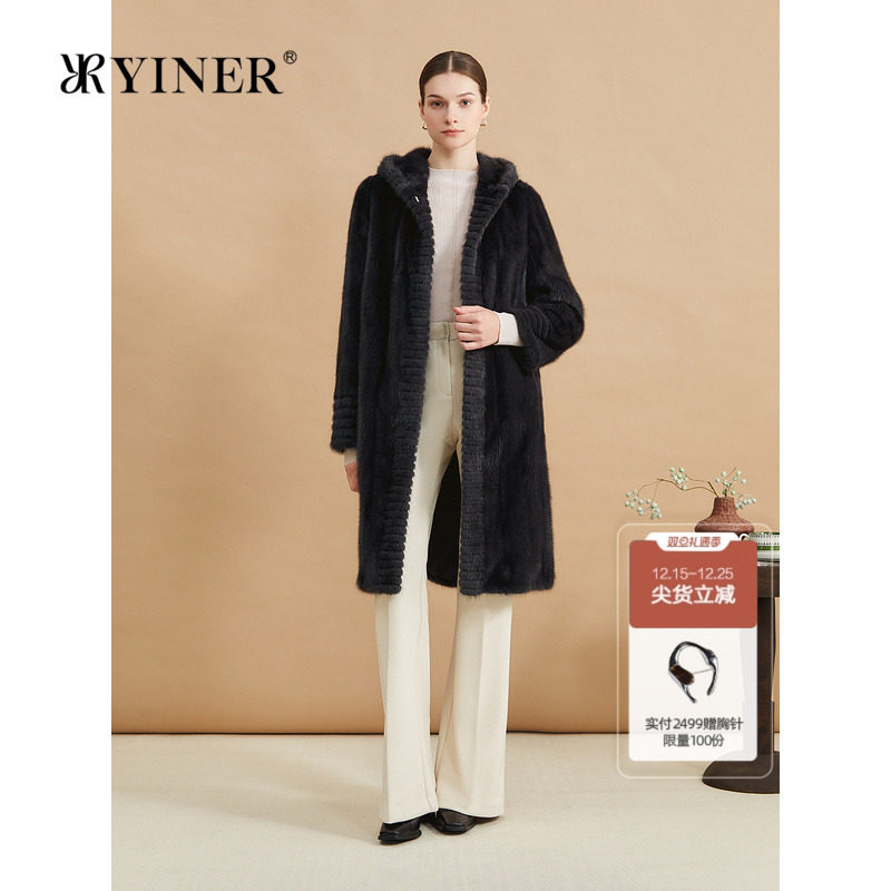 YINER音儿专选冬季剪花连帽外套顺滑水貂毛皮真皮皮草
