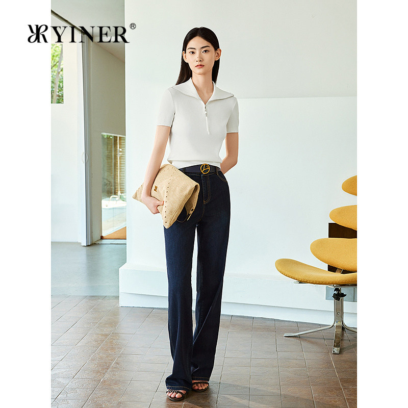 YINER音儿女装夏季简约显瘦百搭长裤双扣中高腰直筒牛仔裤
